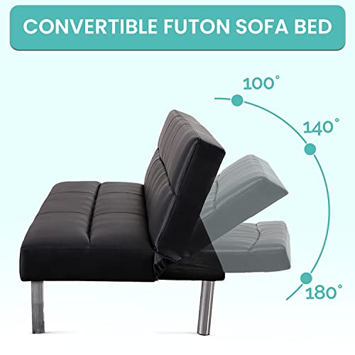 Naomi Home Zoe Futon Sofa Bed, Faux Leather Futon Couch, Modern Convertible Folding Sofa Bed Couch with Chrome Legs, Reclining Mini Couch, Leather Futon Small Couch for Bedroom Living Room Black Naomi Home