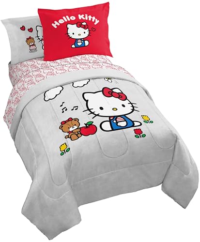Jay Franco Sanrio Hello Kitty Full Size Comforter Set - 7 Piece Red & Grey Bedding Includes Sheet Set & Pillow Covers - Super Soft Cozy Kawaii Bedding Jay Franco