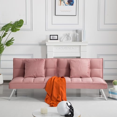 68" Modern Futon Sofa Bed,Convertible Sleeper Bed Couch with 4 Reclining Backrest with 2 Pillows,Comfy Velvet Cloud Sofa Loveseat for Living Room Bedroom Office (Rose Red) Jum Blueemo