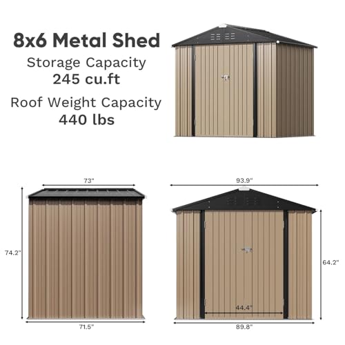 Greesum 8×6FT Outdoor Storage Shed, Metal Patio Storaged Sheds with Lockable Doors, Sheds & Outdoor Storage for Bike, Backyard, Pool and Garden, Brown Greesum