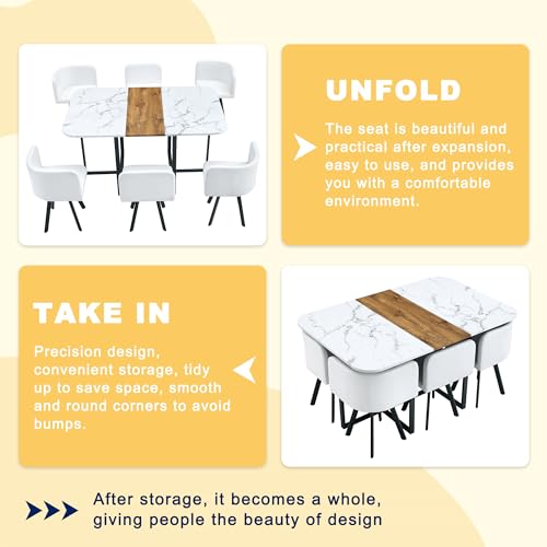 Rejeke 7-Piece Dining Room Table Set for 6,Modern Dining Table Set for 6 with Cushioned Chair, White Kitchen Table Set for Home, Apartment,Office,Conference Room, Space-Saving Rejeke
