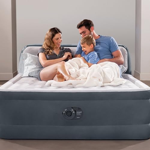 Intex 64447ED Dura-Beam Deluxe Ultra Plush Air Mattress with Headboard: Fiber-Tech – Queen Size – Built-in Electric Pump – 18in Bed Height – 600lb Weight Capacity Intex
