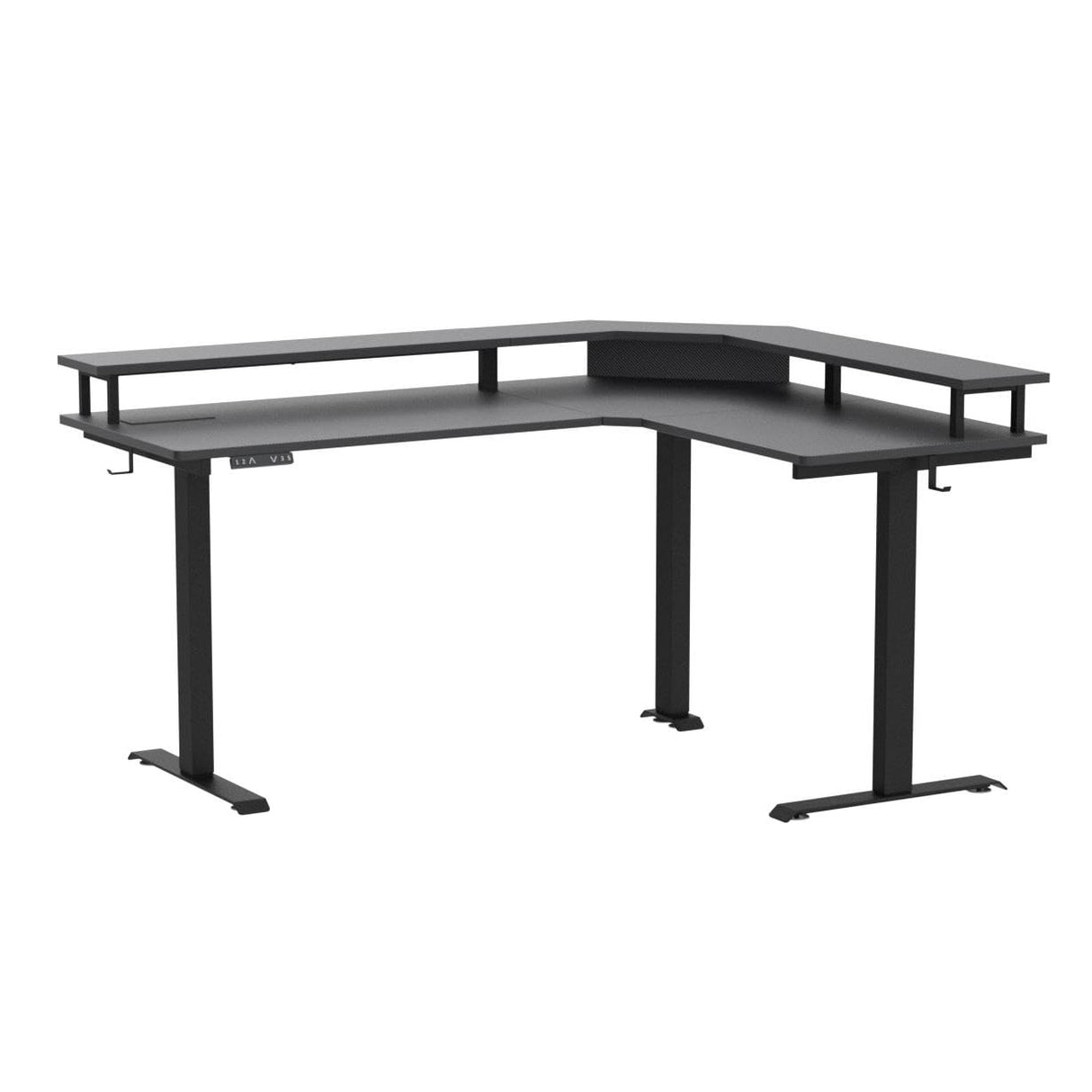 FEZIBO 63" Triple Motor L Shaped Standing Desk with LED Strip & Power Outlets, Height Adjustable Stand up Corner Gaming Desk with Ergonomic Monitor Stand, Black Carbon Fiber Top/Black Frame FEZIBO