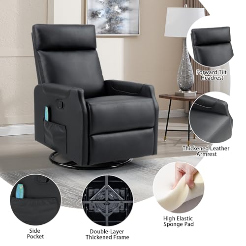 CANMOV Manual Swivel Rocker Recliner Chair, Overstuffed Rocking Chair Glider Recliner for Nursing, Ergonomic Rocker Chair with Vibration Massage & Heat, Reclining Chair for Living Room, (Black)