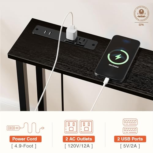 Keelian 70" Narrow Console Sofa Table with Power Outlets & 2 USB Ports, Metal Frame, Black, Perfect for Hallway, Office, and Behind Sofa - Easy Assembly, 4.9' Extension Cord Included Keelian