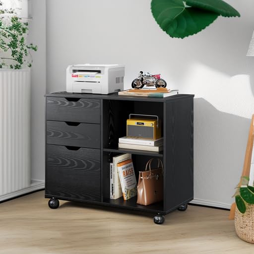 DEVAISE 3-Drawer Wood File Cabinet, Mobile Lateral Filing Cabinet, Printer Stand with Open Storage Shelves for Home Office, Black DEVAISE