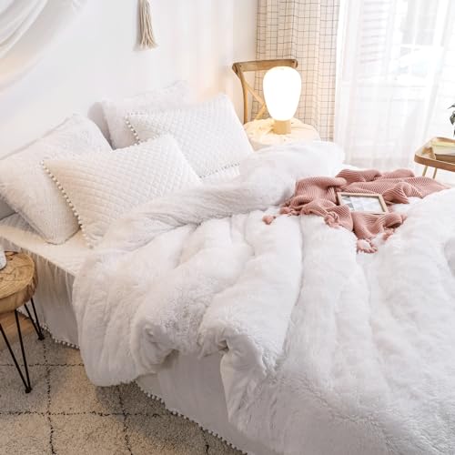 HAIHUA Faux Fur White Comforter Cover Twin Set, Fuzzy White Twin Bedding Set 2 Pieces (1 Fluffy Duvet Cover + 1 Plush Plush Pillow Cases) Furry Bed Set, Fluffy Bed Set, Zipper Closure HAIHUA