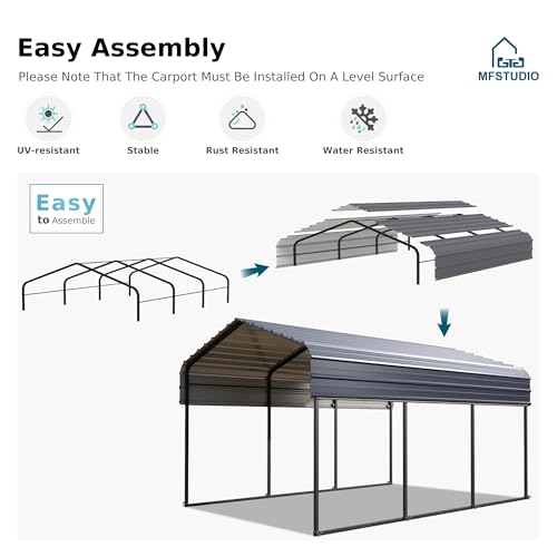 MFSTUDIO Carport 10x15 ft, Outdoor Heavy Duty Metal Shed Carports, Metal Garage Car Shelter Shade Car Port with Galvanized Roof, Frame and Bolts for Cars, Truck and Boats MFSTUDIO