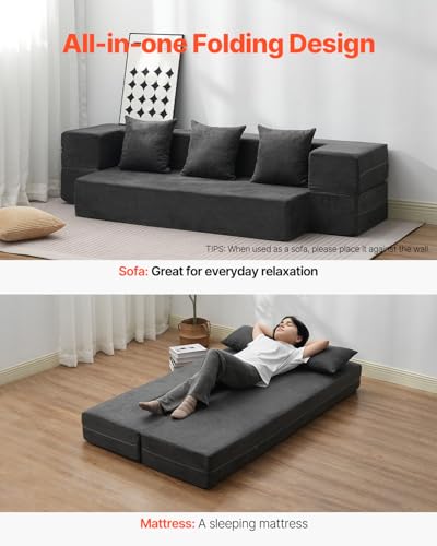 VEVOR Folding Sofa Bed, 3-in-1 Foldable Couch Bed with 3 Pillows and Washable Cover, 25D High Density Memory Foam Convertible Sleeper Chair Bed, Futon Couch for Living Room, Bedroom, Dark Grey(Twin) VEVOR