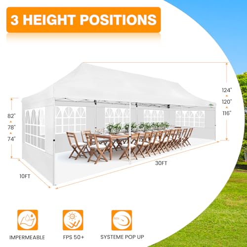 COBIZI 10x30 Pop up Canopy with Roller Bag & 8 Removable Sidewalls, Canopy Tent for Parties, Wedding, and Commercials, Waterproof and Instant Shelter UV50+ Outdoor Gazebo with 4 Sandbags(White) COBIZI