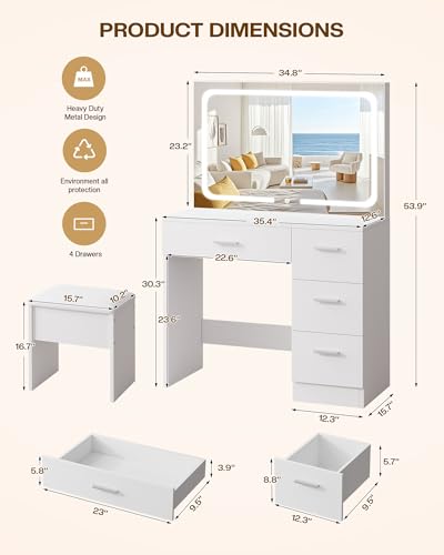 LIVELYGLOW Vanity Desk with LED Mirror, Makeup Vanity with Drawer and Cushion Stool, Dressing Table for Bedrrom, White LIVELYGLOW