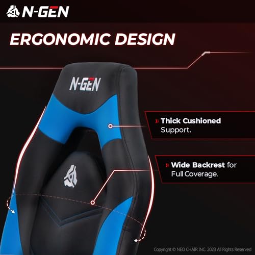 N-GEN Video Gaming Chair Ergonomic Computer Desk Office Chair with Lumbar Support Adjustable Height Swivel Wheels Flip-Up Arms PU Leather Home and Office (Blue) NEO CHAIR