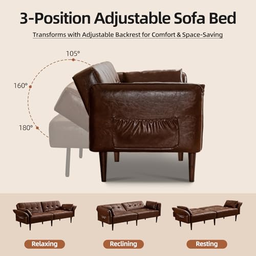 HALLYBEE Futon Sofa Bed, Sleeper Sofa, Small Couch with Storage Adjustable Armrests Pillows, Faux Leather Loveseat, Mid Century Modern Couches for Living Room, Bedroom, Apartment, Red Brown HALLYBEE