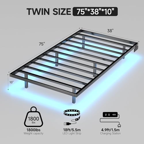 Aelawe Floating Bed Frame Twin Size with LED Lights and Charging Station, Metal Platform Bed, Easy Assembly No Box Spring Needed Aelawe