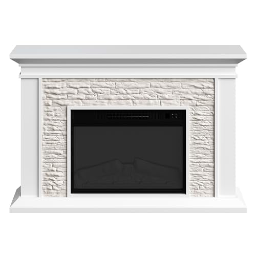 Electric Fireplace with Mantel - Freestanding Heater with Remote Control, Light-Adjustable LED Flames, and Faux Logs and Stones by Northwest (White) Northwest