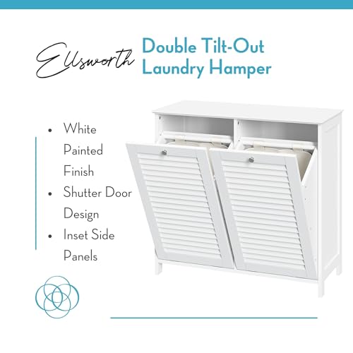 RiverRidge Ellsworth Double Tilt-Out Laundry Hamper Cabinet - Laundry Room Storage Cabinet with Removable Cloth Bag and Shutter Style Doors RiverRidge