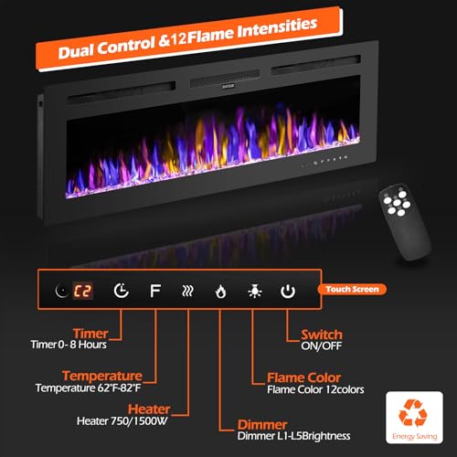 GarveeHome 50 in Recessed and Wall Mounted Electric Fireplace, Low Noise, Remote Control with Timer, Touch Screen, Adjustable Flame Color and Speed, 750-1500W GarveeHome
