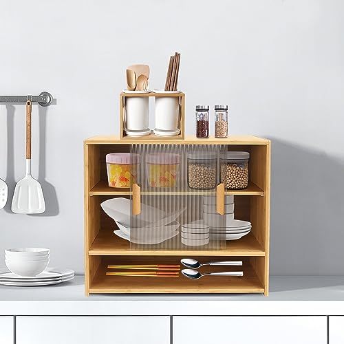 Bamboo Countertop Storage Cabinet with 2 Sliding Striped Glass Doors, Kitchen Cabinet Pantry Sideboard Freestanding Utility Cupboard for Spice Seasoning Bottles, Dish, Bowl (Wood Color) BuufuS