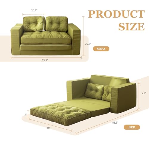 YOSHOOT Loveseat Sleeper Sofa,55" Convertible Sofa Bed Couch Futon Couches for Living Room,3-in-1 Pull Out Floor Couch with Backrest and Pillows, Green YOSHOOT