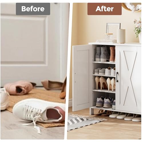 Homleke Farmhouse Shoe Cabinet with 2 Barn Doors & Wood Legs, 5-Tier Shoe Storage Cabinet with 3 Adjustable Shelves, Tall Shoe Rack Organizer for Closet, Shoe Organizer for Entryway, Hallway, White Homleke
