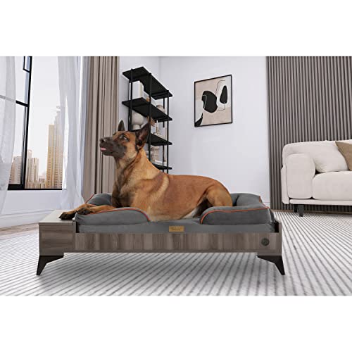 TailZzz Wooden Dog Bed with Mattress, Large to Extra Large Water-Resistant Elevated Pet Bed, Wooden Pet Bed with Storage, Greenguard Gold Certified, Machine Washable, Smokey Grey, Wyatt TailZzz