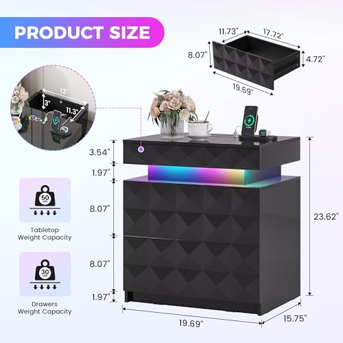 Dystler LED Nightstand Set of 2 with Charging Station,3 Drawers Night Stand with Lockable Hidden Storage,Smart Bedside Table with Human Sensor RGB Lights for Bedroom,Black Dystler