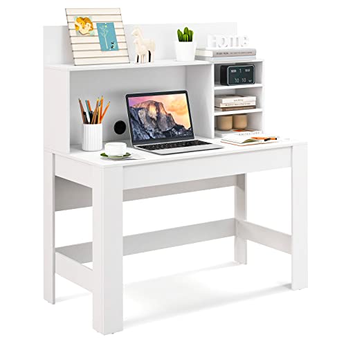 Giantex White Desk with Hutch, Home Office Desk with Bookshelf, Computer Workstation PC Laptop Table with Anti-Toppling Device & Cable Hole, Modern Study Writing Desk for Small Spaces, Bedroom Giantex