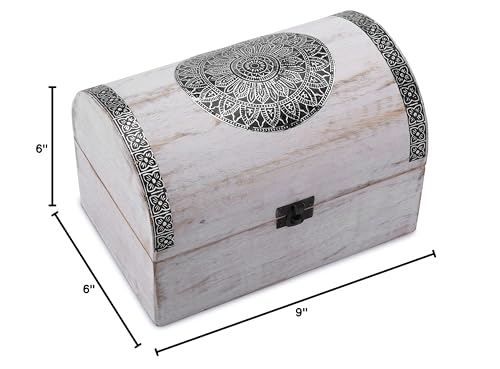Ajuny Wooden Handcarved Decorative Jewelry Box with Mandala Flower Design on Lid Multipurpose Treasure Chest Keepsake Trinket Holder Storage Organizer Case Gifts White 9x6 Inch Ajuny