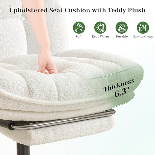 DurayLoly Cross Legged Office Chair with Foot Rest, 6.3" Thick Cushioned Criss Cross Chair with Wheels, Height Adjustable Swivel Vanity Chair for All-Day Comfort (White) DurayLoly