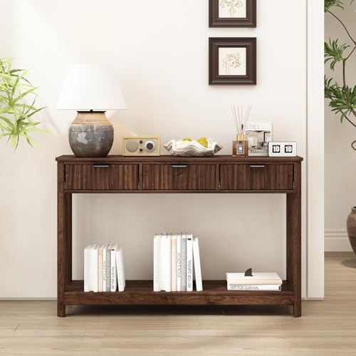 RUSTOWN Fluted Wood Console Table with 3 Drawers, Boho Narrow Behind Couch Entryway Table with Open Storage Shelf, Modern Sofa Table for Living Room, Foyer and Hallway (Dark Walnut) RUSTOWN