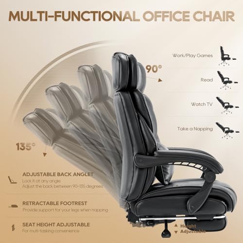 COLAMY Office Chair with Retractable Footrest, Ergonomic High Back Design Executive Computer Desk Chair with Removable Lumbar Pillow, 90-135°Reclining, Thick Bonded Leather for Home Office Work, Black COLAMY