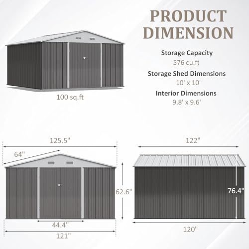 Greesum 10×10FT Outdoor Storage Shed, Metal Patio Storaged Sheds with Lockable Doors, Sheds & Outdoor Storage for Bike, Backyard, Pool and Garden, Gray Greesum