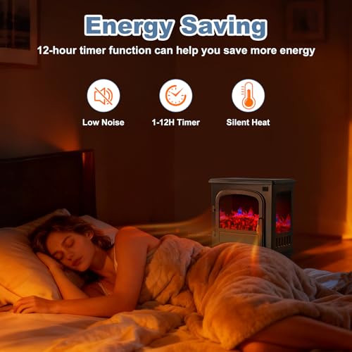 DUMOS 26” Freestanding Electric Fireplace Heater, Electric Fireplace Stove with 3D Flame Effect & Remote Control, Stylish Stove for Home with Safety Features, Adjustable Heat & 12H Timer, Inky DUMOS