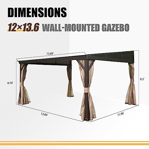 Domi 12x14FT Lean to Gazebo, Hardtop Wall Mounted Gazebo with Sloping Galvanized Steel Roof, Wall Pergola with Aluminum Frame, Curtains and Netting, for Patio, Deck, Garden, Backyard domi outdoor living