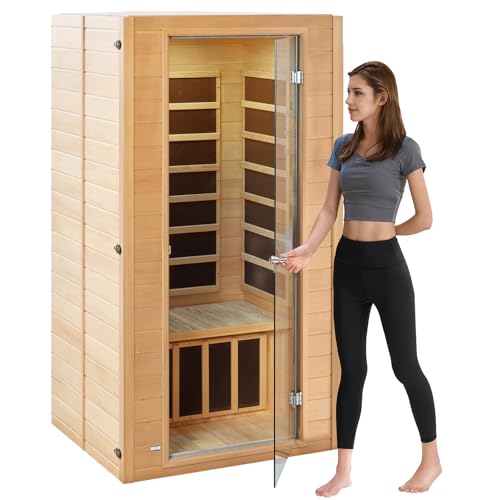 VEVOR 1 to 2 Person Far Infrared Wooden Sauna, Room Home Sauna Spa, Low EMF Far Infrared Hemlock Wood Sauna with Tempered Glass Door & Multicolor Lamp & Bluetooth Speakers & Chromotherapy Lights VEVOR