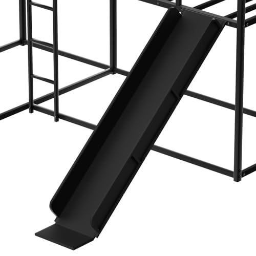 Ball & Cast L-Shaped Bunk Bed with Slide and Short Ladder,Metal Corner Bed Frame w/Full Length Guardrail,Heavy-Duty 4 Bunkbed or Apartment,Bedroom,Guest Room,Black Ball & Cast