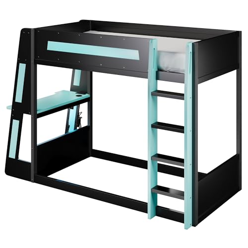 CKLMMC Twin Size Wooden Gaming Bunk Bed with Desk, Two Storage Shelves, USB and LED Light, Sturdy Loft Bed for Gamers & Small Spaces (Black+Blue3) CKLMMC