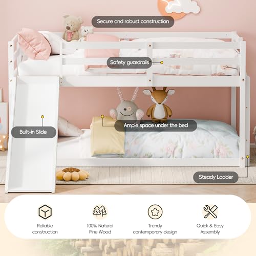 Callales Twin Bunk Bed with Slide, Solid Pine Wood Loft Bed Frame for Kids, Toddlers, Floor Loft Low Bunk Bed Twin Over Twin with Ladders, Safety Guardrails, Storage Space, Bedroom (White) Callales