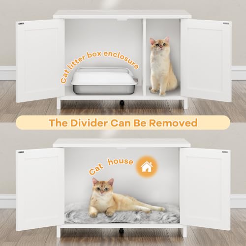 Shintenchi Cat Littler Box Enclosure, Litter Box Furniture Hidden with Removable Divider, Cat House with End Table, Brown Shintenchi