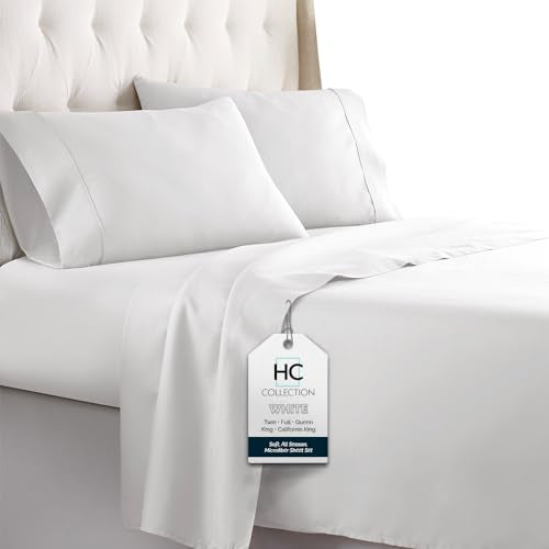 HC COLLECTION Bed Sheets Set King with 2 Pillowcases, Hotel Luxury Platinum 1800 Series Brushed Microfiber Sheet w/Deep Pocket, Ultra Soft Lightweight 4 Pcs Linen Bedding for Hot Sleepers, White