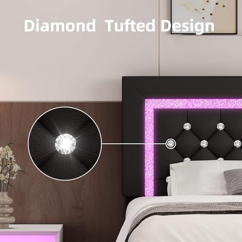 BarnFurin Twin Bed Frame with LED Lights, Upholstered Platform Bed with Diamond Tufted Headboard, No Box Spring Needed, Noise Free, Easy Assembly, Black BarnFurin