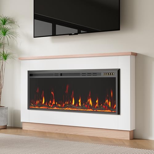60" Electric Fireplace with Mantel for 50" Insert, Weyderk Ultra-Thin 5.5" Surround, 750/1500W Heater with 12 Flame Effects, 1-8 Hours Timer, Wall Mounted TV Stand for Livingroom, White Weyderk