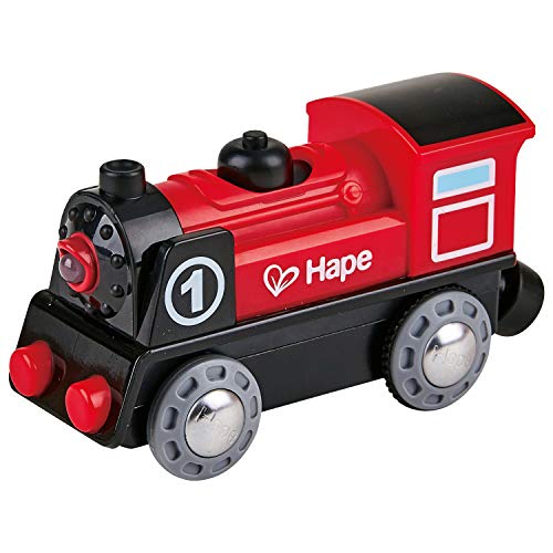 Hape Wooden Railway Battery Powered Engine No. 1 Kid's Train Set Red, White, Black, Blue, L: 3.7, W: 1.3, H: 1.9 inch Hape