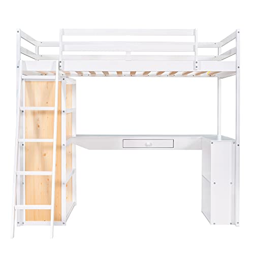 Harper & Bright Designs Twin Size Loft Bed with Desk and Drawer, Wood Twin Loft Bed with Desk,Shelves and Cabinet Underneath, High Loft Bed Twin with Storage for Kids, Boys,Girls,Teens (White,Twin) Harper & Bright Designs
