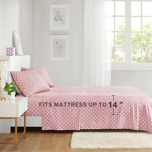 Intelligent Design Pink Full Size Sheet Sets Kids Polka Dot Sheets for Girls 100% Cotton Percale Soft Flat and Fitted Sheet, Pillowcase, Breathable All Season Bed Set, Fits up to 14" Mattress Intelligent Design
