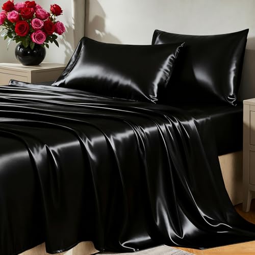 CozyLux Satin Sheets King Size Sheet Set - 4 Piece Silky King Sheets, Luxury Black King Bed Set with Smooth and Soft Microfiber, Includes 1 Fitted Sheet, 1 Flat Sheet and 2 Pillowcases