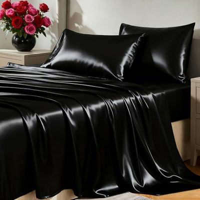 CozyLux Satin Sheets King Size Sheet Set - 4 Piece Silky King Sheets, Luxury Black King Bed Set with Smooth and Soft Microfiber, Includes 1 Fitted Sheet, 1 Flat Sheet and 2 Pillowcases