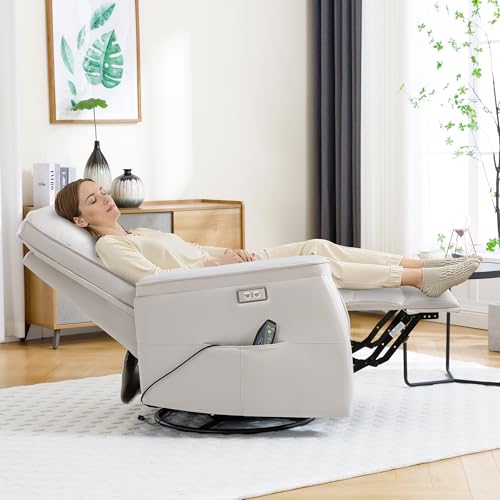 choairy Recliner Chair for Adults, Power Faux Leather Rocker Recliner Massage and Heat, Oversized Swivel Reclining Nursery Chair with USB Ports for Living Room, Office Beige