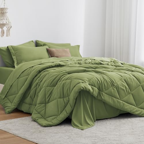Love's cabin Twin Comforter Set Olive Green, 5 Pieces Twin Bed in a Bag, All Season Bedding Sets with 1 Comforter, 1 Flat Sheet, 1 Fitted Sheet, 1 Pillowcase and 1 Pillow Sham Love's cabin