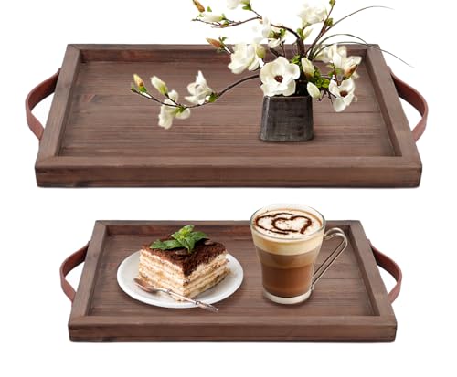 Geevon 2 Set Rustic Wooden Serving Tray with Handles, Large Wooden Ottoman Tray, Nesting Trays for Serving Food, Coffee Table, Stylish Farmhouse Decor Serving Trays, Brown Geevon